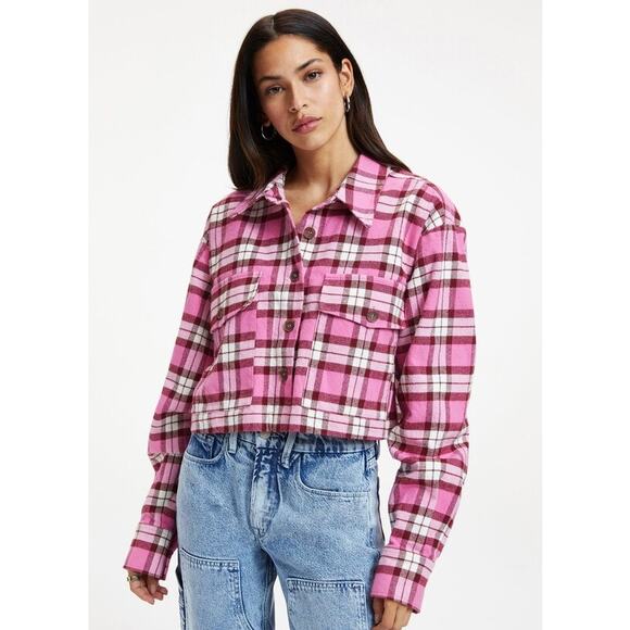 Good American Tops - NEW Good American Cropped Shirt Women's Plus Size 5 (2X) Pink Plaid Pockets